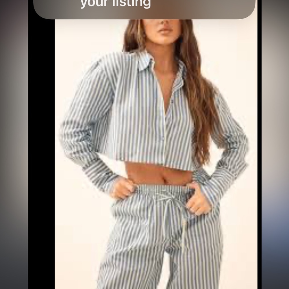 $19W❤️ 2 piece PLT grey white woven cotton flax wide leg drawstring 8